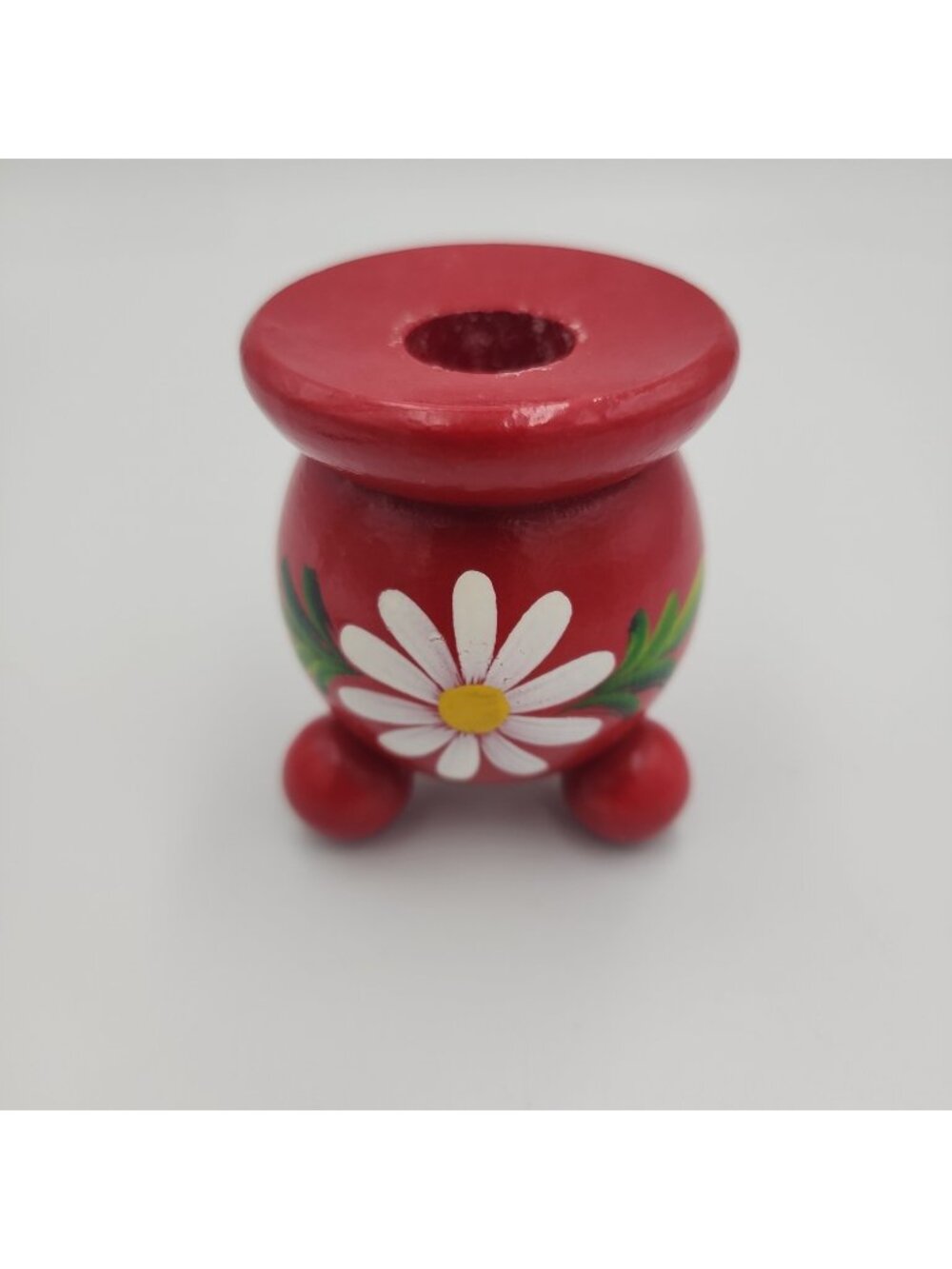 Swedish Handpainted Candle Holder 3" Tall .75" Candle Opening Daisy Design Wood